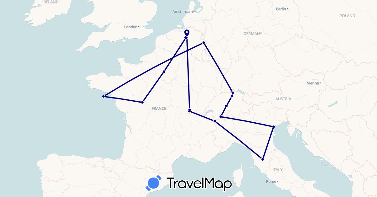 TravelMap itinerary: driving in Belgium, Switzerland, France, Italy (Europe)